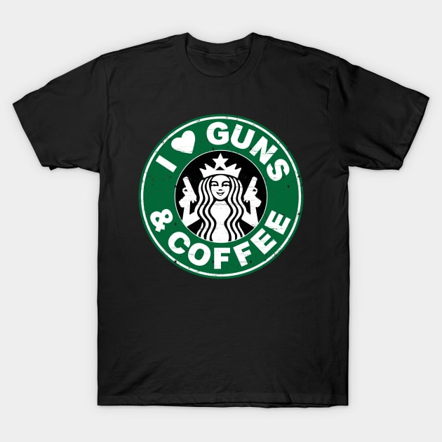 Love Guns Coffee T-Shirt by trimskol